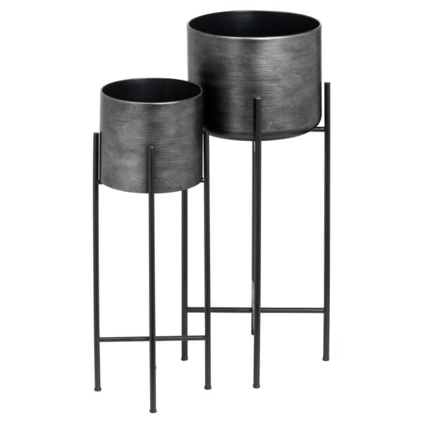 Set Of Two Grey Metallic Planters On Stand