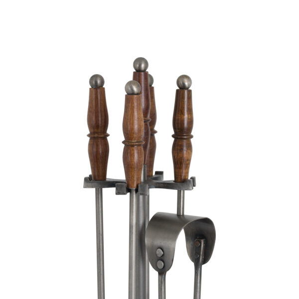 Hand Turned Fire Companion Set In Antique Pewter With Wooden Handles - Image 6